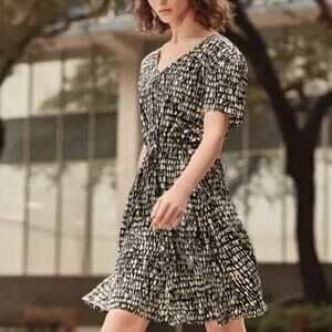 Eileen Fisher 100% Silk Seraglio Print Drawstring Dress Black White Petite Small